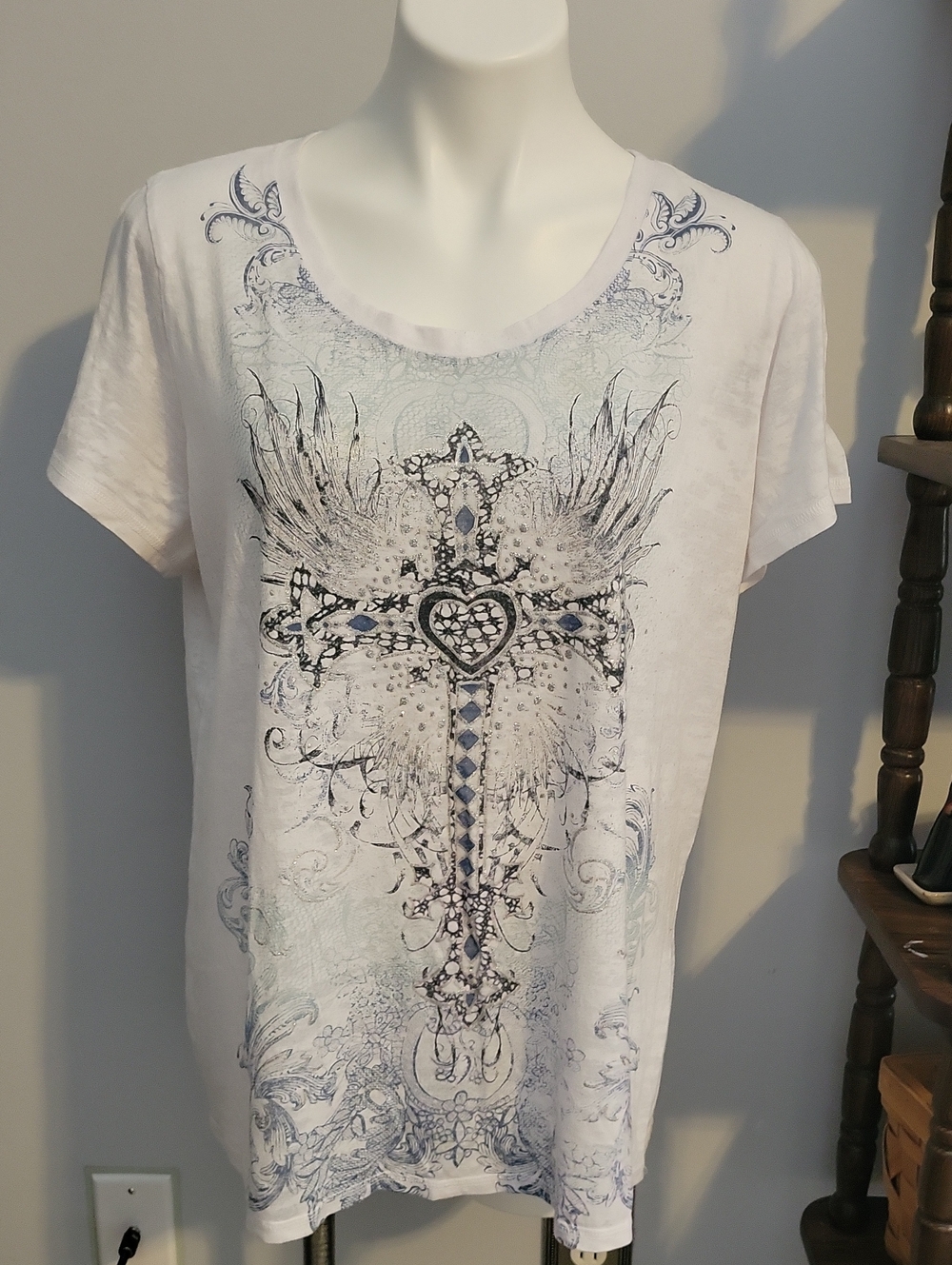 White Graphic Tee with Ornate Winged Cross..size 1X